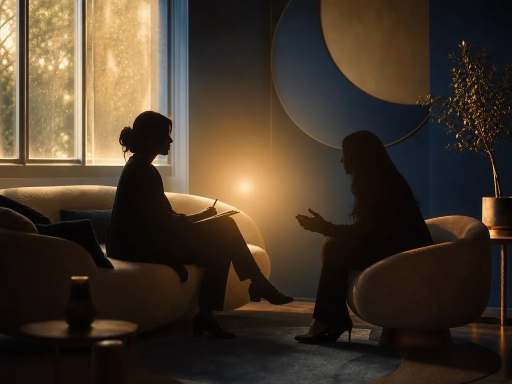 Silhouette of psychologist and patient in integrative therapy session, in navy blue and gold tones